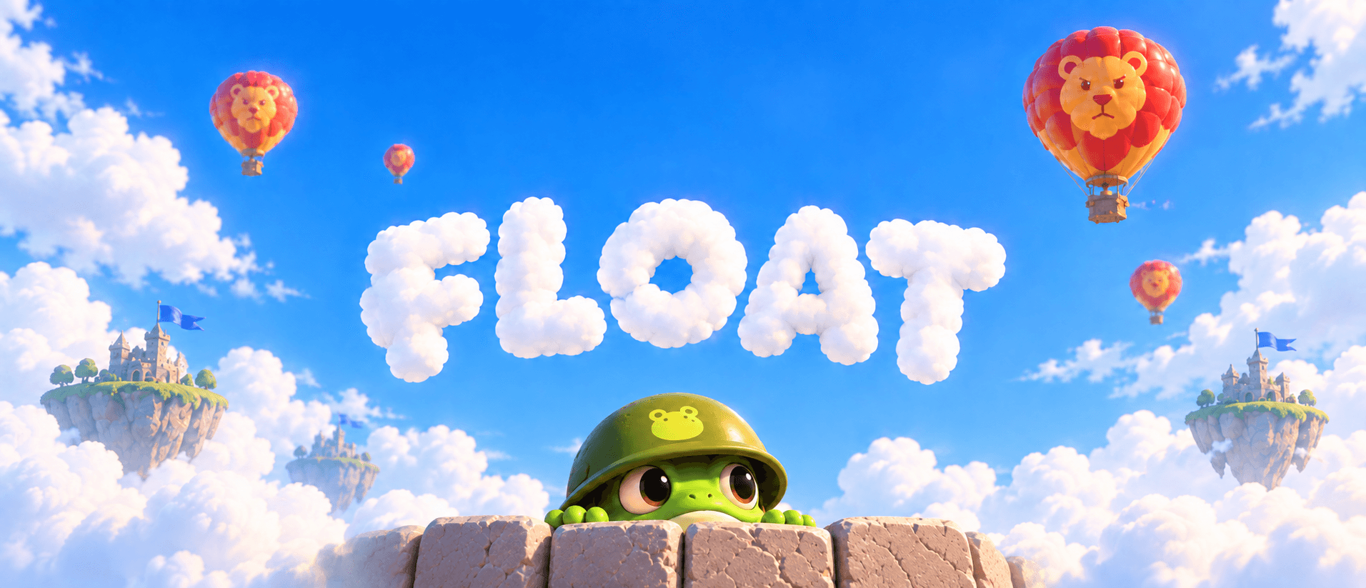 Float written in clouds above a helmeted frog peeking over a stone wall, with floating castles and red and gold lion balloons in a bright blue sky