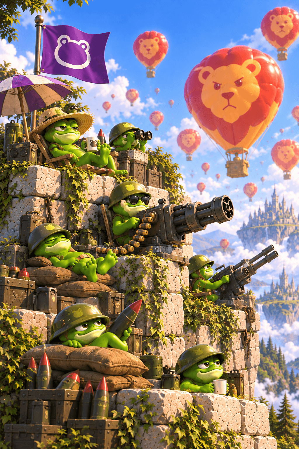 Relaxed green frog soldiers defend a mossy stone wall beneath their purple faction flag