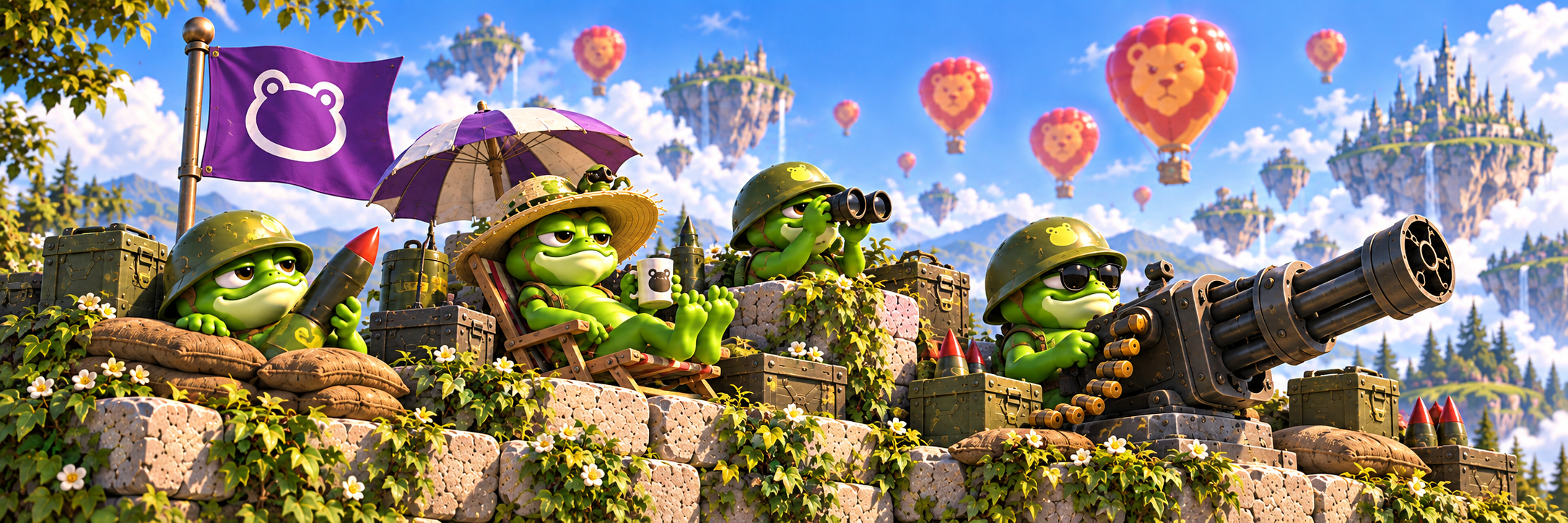 Frog defenders with rockets, binoculars and a cannon line a mossy wall beneath their purple flag