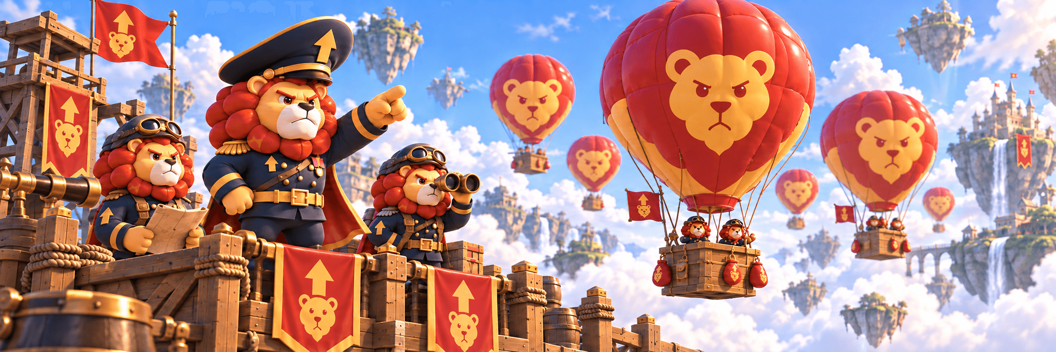 A lion commander and aircrew oversee red and gold lion balloons from a wooden launch platform